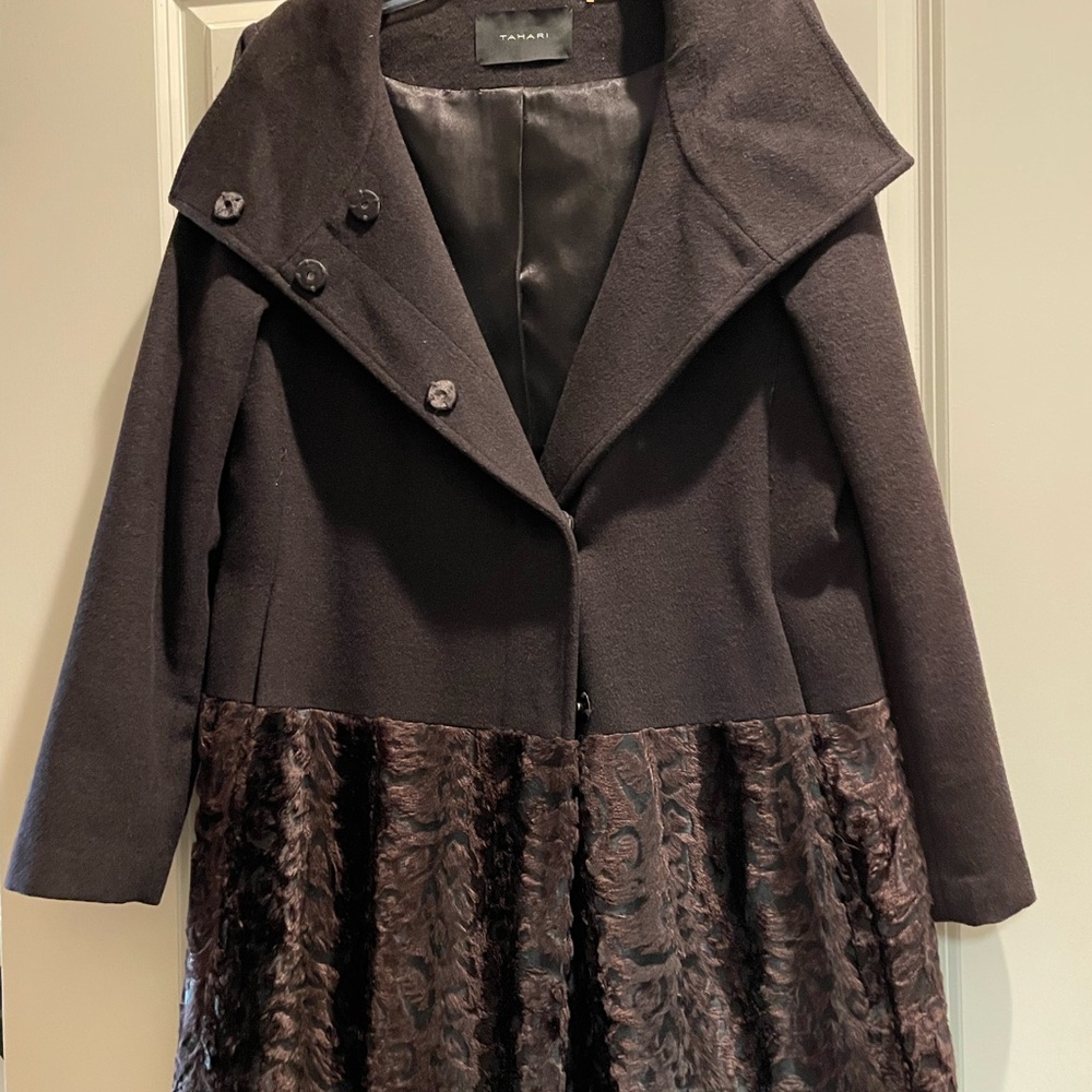 Tahari Black Coat with Textured Fur Detail